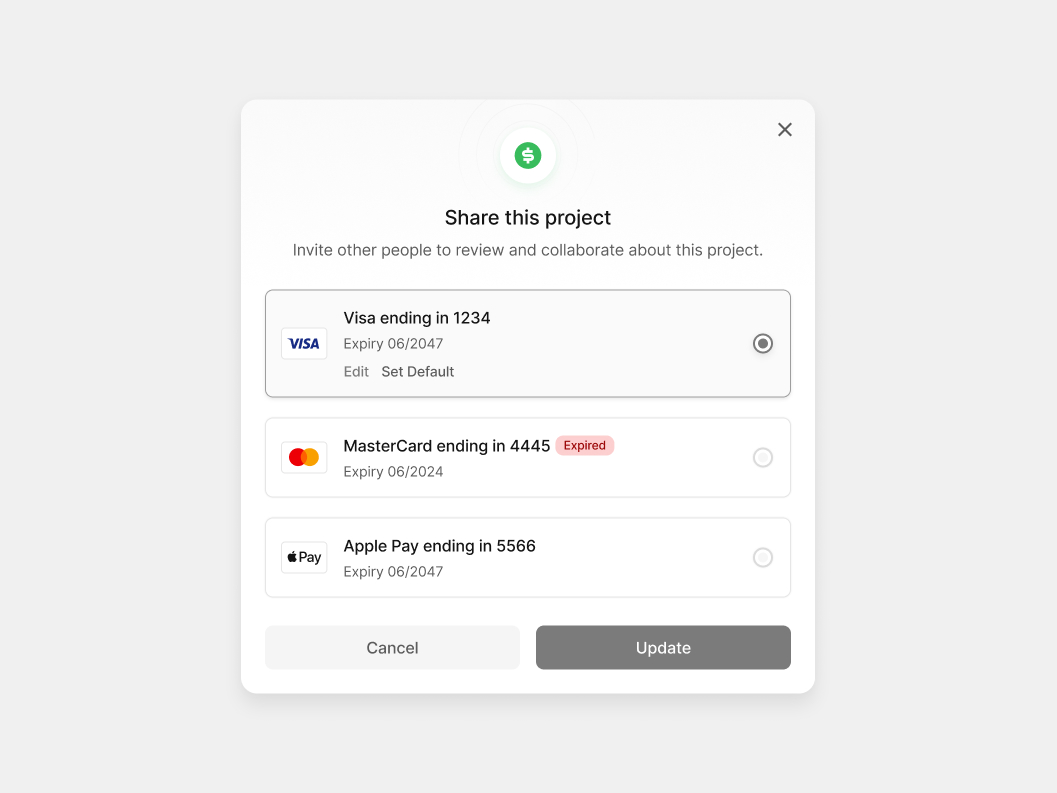 Payment method model — Figma component